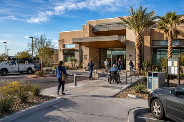 Modern Las Vegas civic-services building with an accessible public entrance, desert landscaping, and residents using local government and utility services.