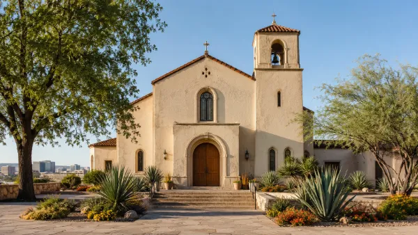 Historic church architecture and desert landscaping in downtown Las Vegas