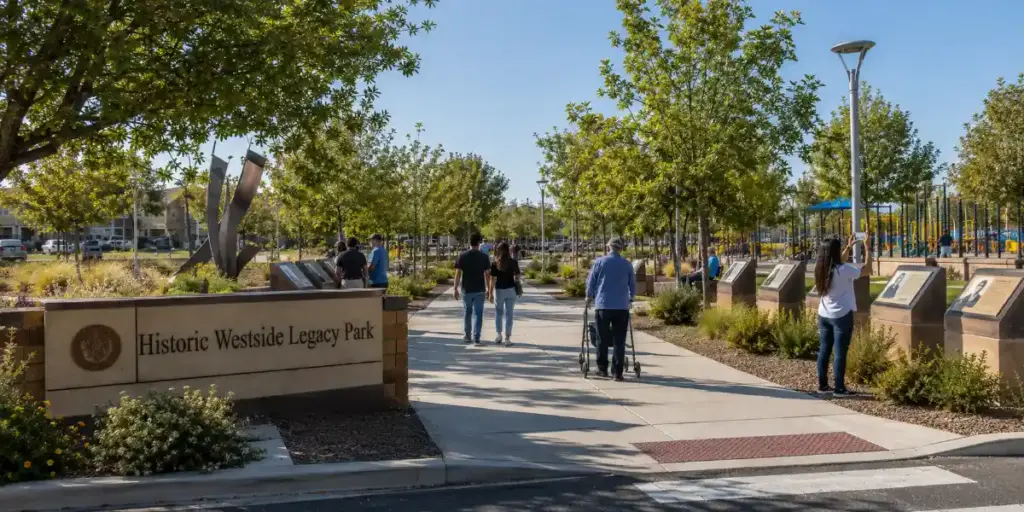 Visitors explore honoree displays, public art, and landscaped paths at Historic Westside Legacy Park in Las Vegas.