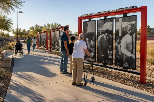 Visitors view historic photo panels along an accessible walking path at Historic Westside Legacy Park in Las Vegas.
