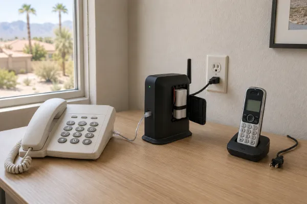 Corded home telephone connected to battery-backed phone equipment for use during a power outage.