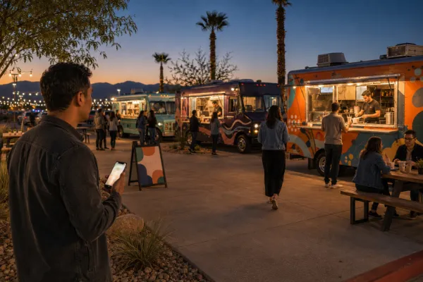 A visitor uses a smartphone to find food trucks at a Las Vegas community gathering