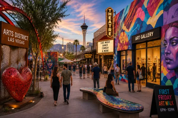 Visitors explore colorful murals, art galleries, live entertainment, and public artwork in the Las Vegas Arts District.