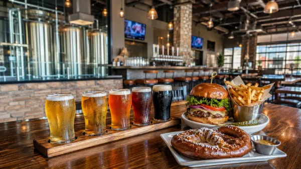 Craft beer flight and brewpub food at Las Vegas Brewing Company
