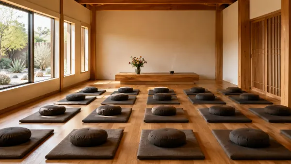 Quiet Buddhist meditation hall with cushions and natural morning light in Las Vegas