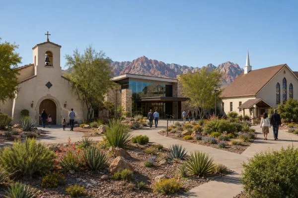 Welcoming church buildings surrounded by desert landscaping in the Las Vegas Valley