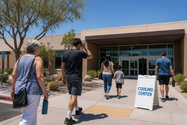 Las Vegas residents enter an air-conditioned community cooling center during extreme summer heat.