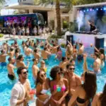 Young adults enjoy a Las Vegas dayclub crawl with a packed resort pool party, live DJ, and luxury party bus.