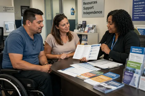 A disability resource specialist helps two adults review support information in an accessible Las Vegas office