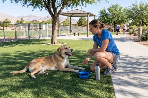 A dog rests in the shade with fresh water at a Las Vegas dog park during a warm morning.