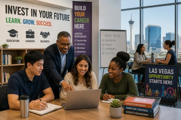 Students, job seekers, professionals, and business owners connect at a modern Las Vegas career fair and networking event.