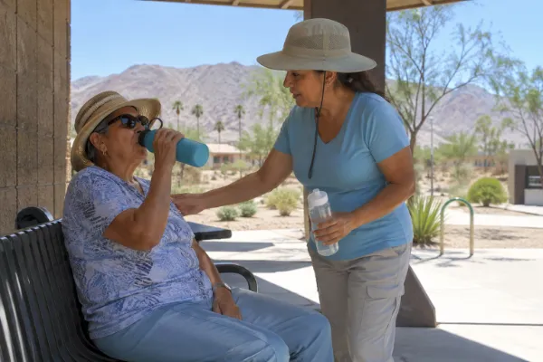 A Las Vegas resident checks on an older adult resting in the shade and drinking water during extreme summer heat.