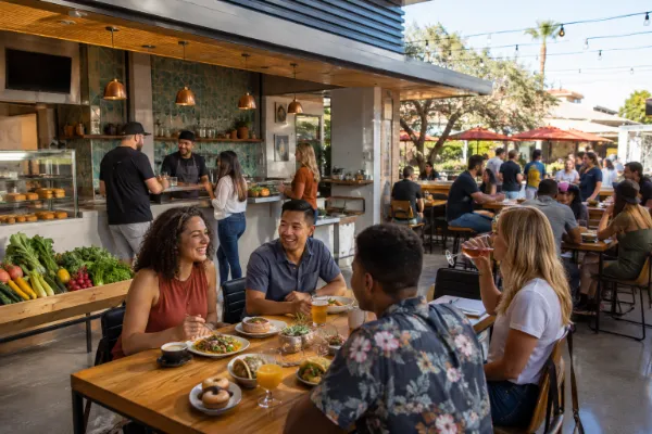 Diverse adults dining and socializing in a lively indoor-outdoor Las Vegas food hall with fresh food displays and casual seating.