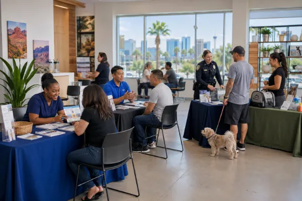 Las Vegas residents receive health guidance, safety information, legal assistance, and pet-care resources at a community services event.