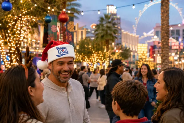 Friends and families enjoy holiday lights and seasonal festivities in Las Vegas while a guest wears a Vegas4Locals Santa hat.