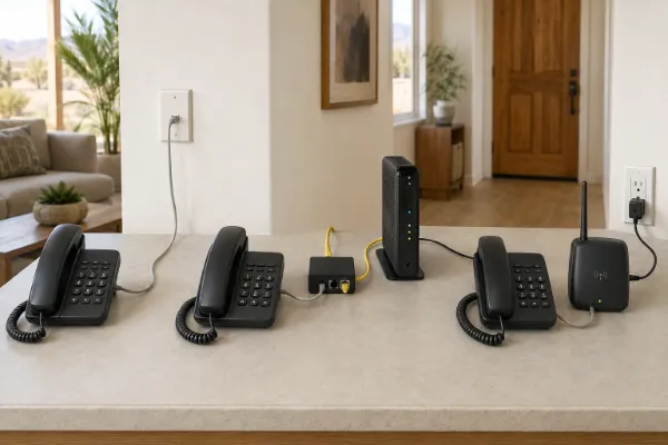 Traditional wall jack, internet phone adapter and cellular home phone base shown as three home phone service options.