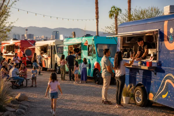 Independent food trucks serving customers at an outdoor gathering in Las Vegas