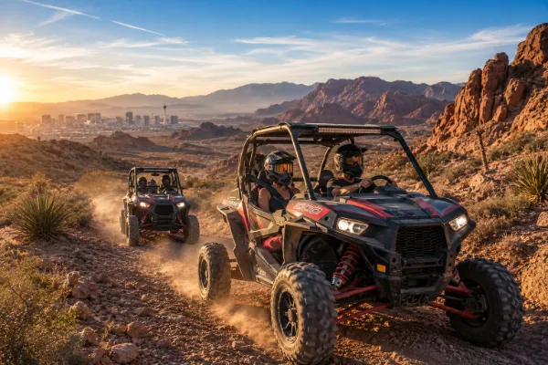 Helmeted riders drive UTVs through the desert near Las Vegas during a Labor Day weekend outdoor adventure.