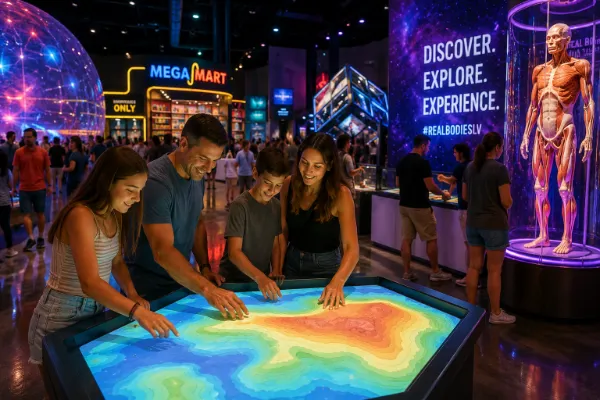 A family explores an interactive indoor Las Vegas attraction with colorful exhibits and hands-on displays during Labor Day weekend.