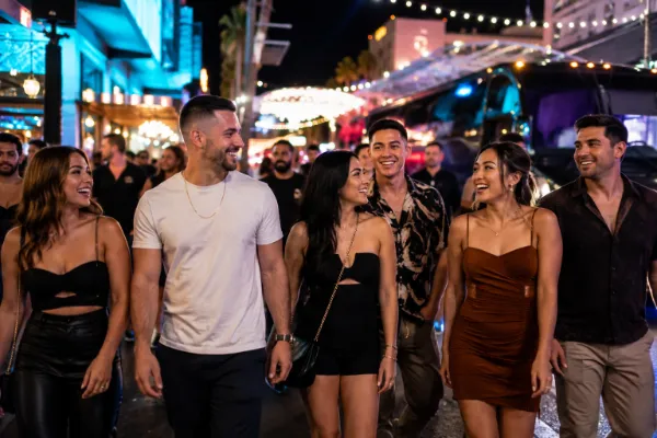 A group of friends walks through a lively Las Vegas nightlife district during Labor Day weekend with bars, neon lights, and a party bus nearby.
