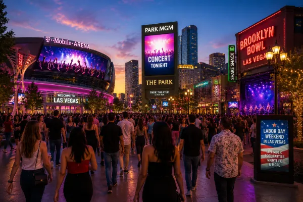 Crowds gather in a Las Vegas entertainment district at dusk for concerts, nightlife, and Labor Day weekend events.
