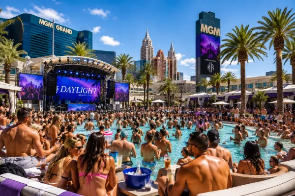 Crowds enjoy a Las Vegas resort pool party with a DJ, palm trees, cabanas, and Strip hotels during Labor Day weekend.