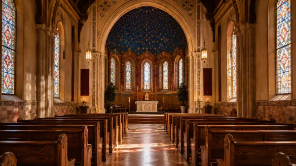 Stained glass, candles, pews, and sacred architectural details representing Las Vegas liturgical churches