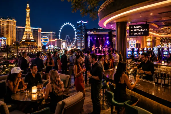 Adults enjoying cocktails, live music, casino gaming, and Las Vegas Strip views at a rooftop lounge, including a guest wearing a white Vegas4Locals hat.