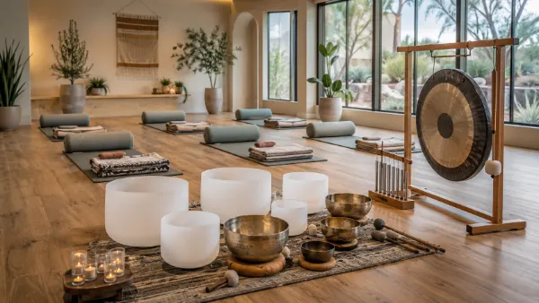 Sound bowls, mats, blankets, and wellness supplies arranged in a peaceful Las Vegas studio
