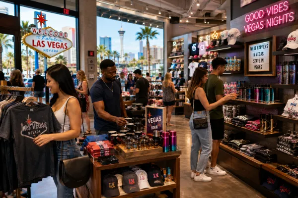 Shoppers browsing clothing, gifts, souvenirs, and personal items inside a bright Las Vegas retail store.