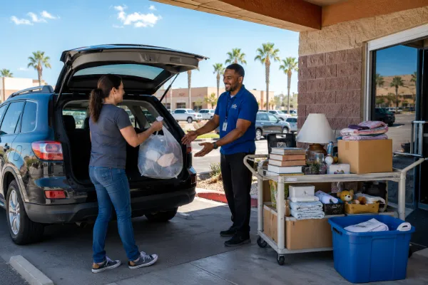 A Las Vegas resident donates bags and boxes of usable household items at a thrift store donation center.
