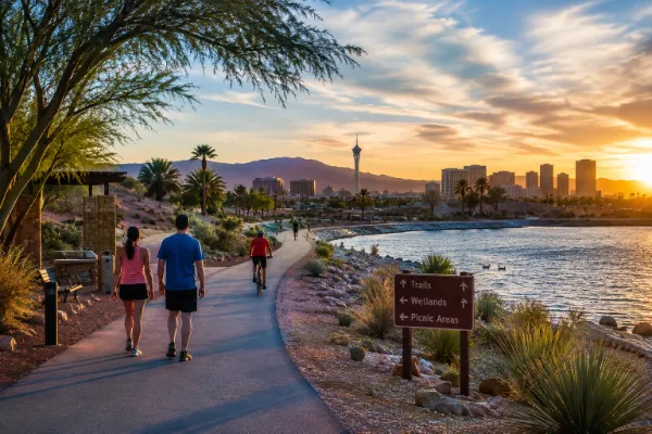 People walking and cycling along a desert wetlands trail with water, palm trees, and the Las Vegas skyline at sunset.