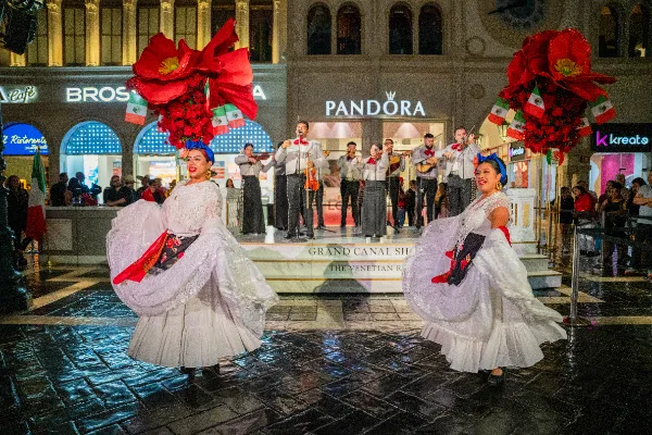 Mariachi musicians and folkloric dancers celebrate Mexican Independence Day at Grand Canal Shoppes in Las Vegas.
