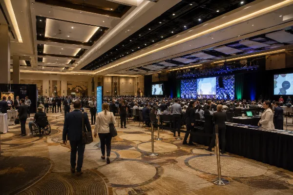 Attendees gather in a technology-equipped ballroom inside MGM Grand Conference Center in Las Vegas.