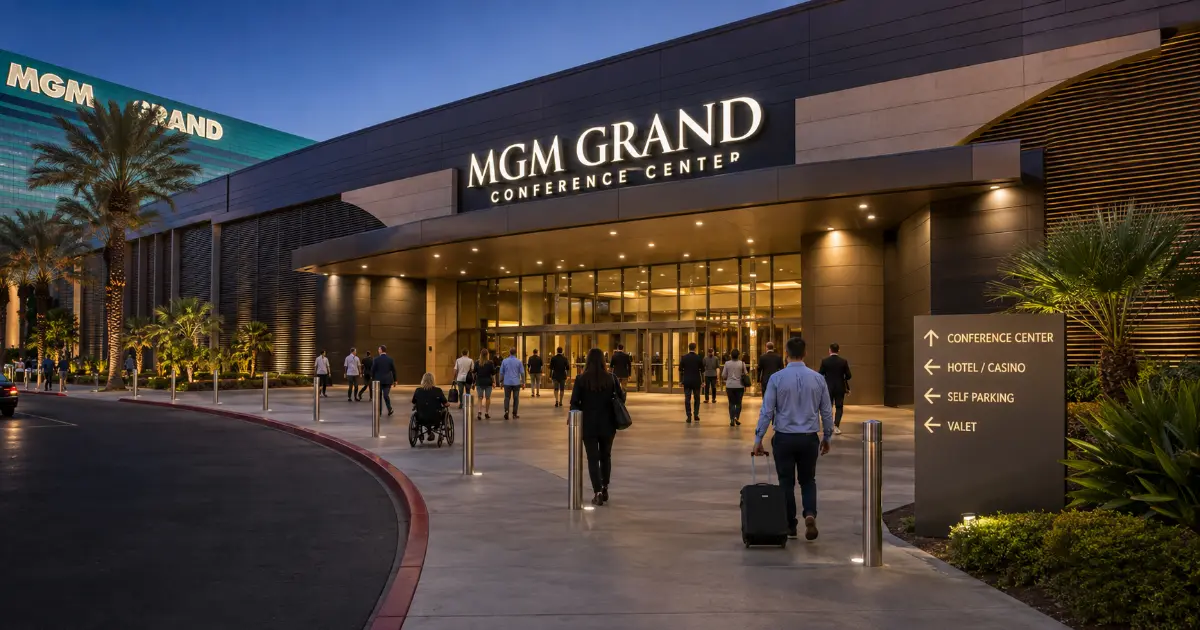 Convention attendees approach the MGM Grand Conference Center entrance in Las Vegas.