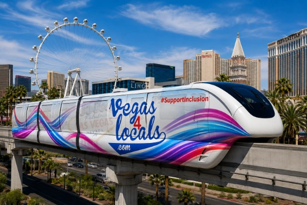 Vegas4Locals.com-wrapped monorail traveling above the Las Vegas Strip with the High Roller and resort skyline in the background.