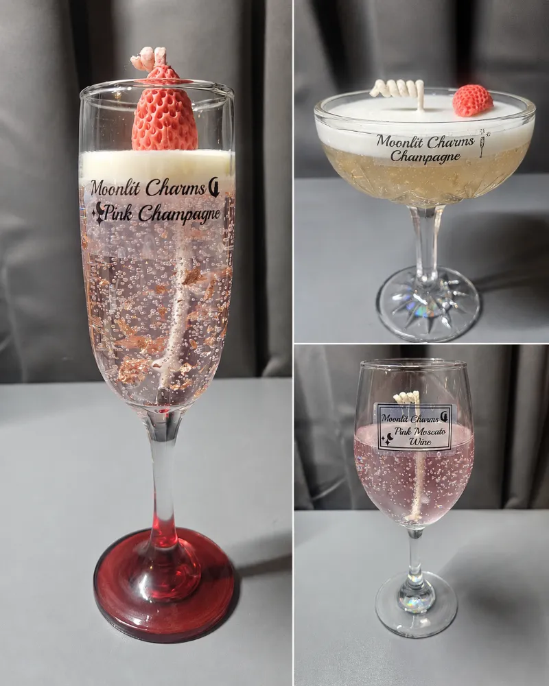 Examples of decorative scented candles created by Moonlit Charms.