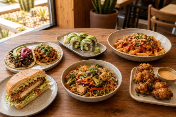 An abundant spread of plant-based Mexican, Asian, Italian, and American dishes at a contemporary Las Vegas vegan restaurant