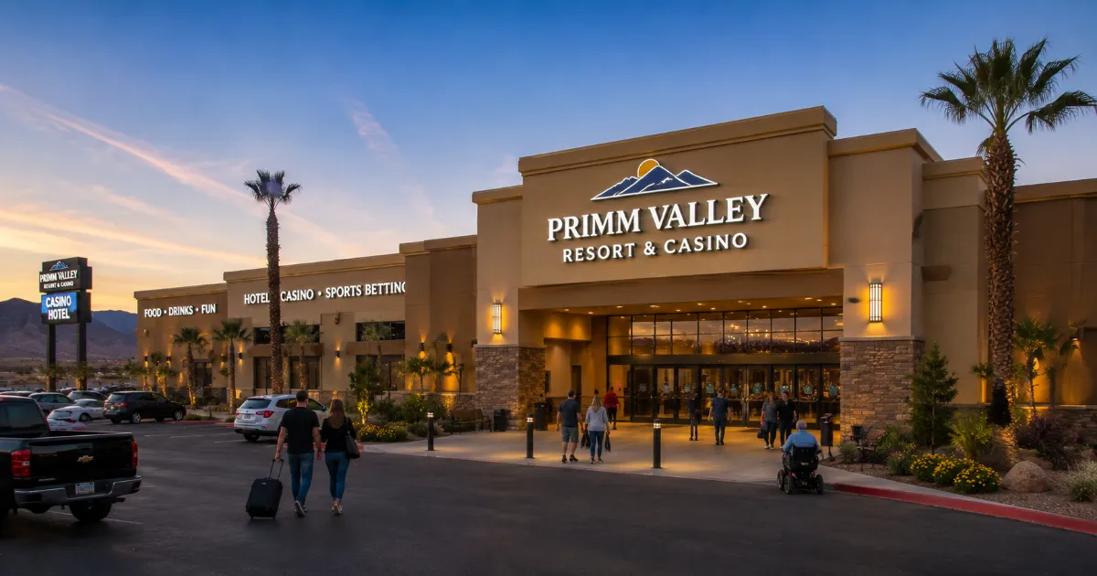 Primm Valley Resort and Casino stands beside the desert highway in Primm, Nevada.