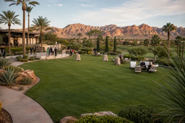 The outdoor event lawn at Red Rock Country Club overlooks golf-course landscaping and the Red Rock Mountains in Las Vegas.