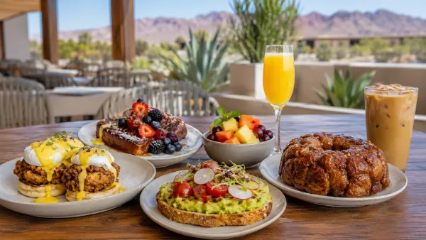 Fried chicken Benedict, French toast, avocado toast, and brunch drinks on a sunny Summerlin patio