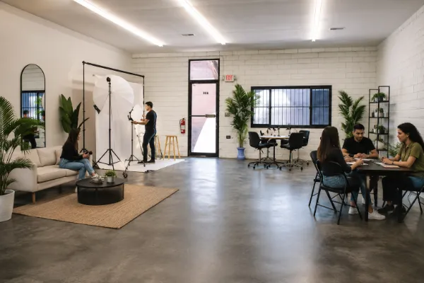 A flexible content-creation and workshop area inside The Spot creative studio and small-event venue in Las Vegas.