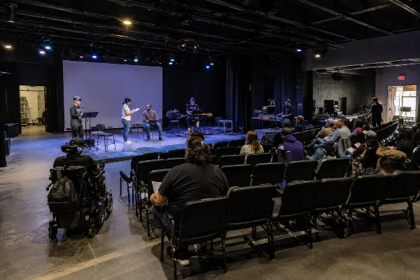 A flexible performance and screening space inside THIRD Street in Downtown Las Vegas.