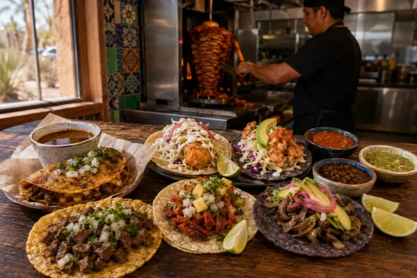 A Las Vegas taquero slices al pastor beside carne asada and traditional street tacos
