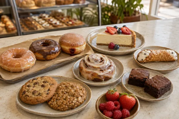 Vegan cinnamon rolls, donuts, cookies, brownies, and a fruit-topped dessert displayed at a Las Vegas bakery