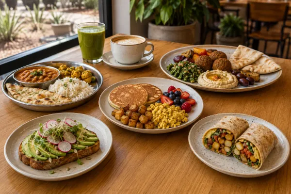Vegan-friendly Indian, Mediterranean, diner, and brunch dishes arranged on a sunlit Las Vegas restaurant table