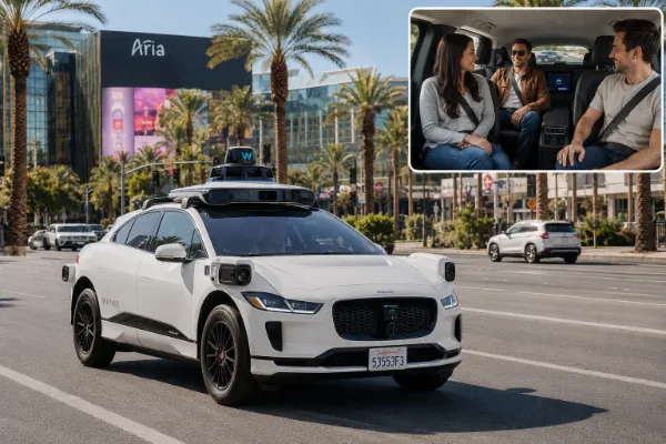 A Waymo autonomous vehicle in Las Vegas with an inset showing its modern passenger interior and rider experience.