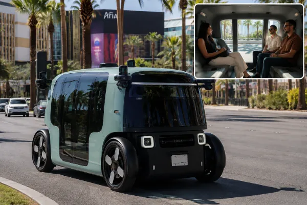 A Zoox driverless robotaxi in Las Vegas with an inset showing its spacious passenger cabin and face-to-face seating.
