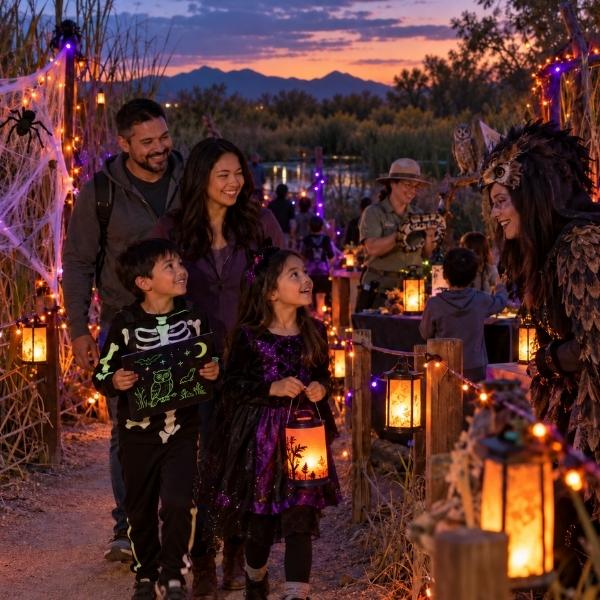 Families exploring a spooky nighttime nature trail during Haunt the Wetlands at Clark County Wetlands Park.