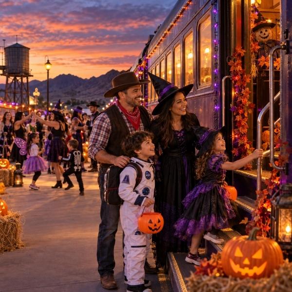 Costumed family boarding the Boulder City Halloween Express during a festive Halloween celebration.